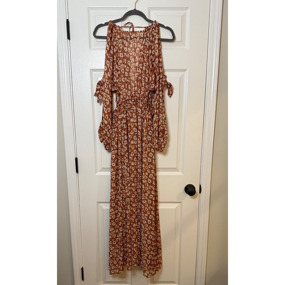 Anthropologie Sheer Floral Maxi Dress Cold Shoulder Long Sleeve Brown Orange‎ S